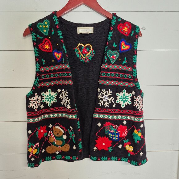 Vintage Studio Works Christmas Sweater Vest Womens M Black Holiday - Picture 8 of 8